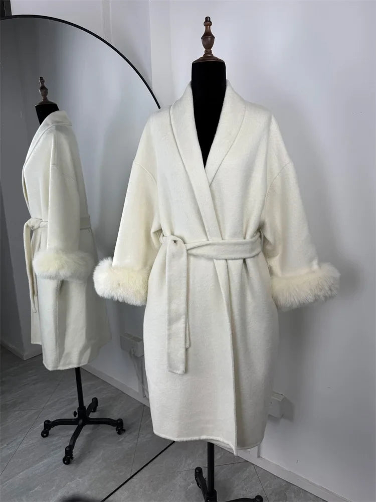 Short women's wrap coat with faux-fur sleeves and tie belt