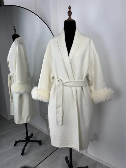 Short women's wrap coat with faux-fur sleeves and tie belt