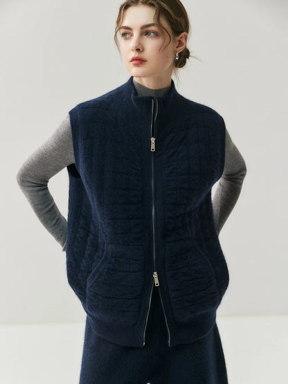 Women's quilted vest with a knit look, zipper, and stand-up collar, cream white