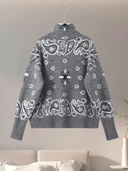Women's knitted cardigan with a zipper, high collar, and bandana pattern