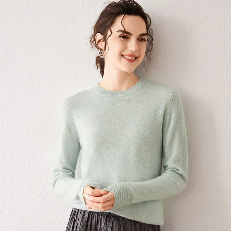 Women's crew-neck long-sleeve basic knitted sweater, cozy pullover