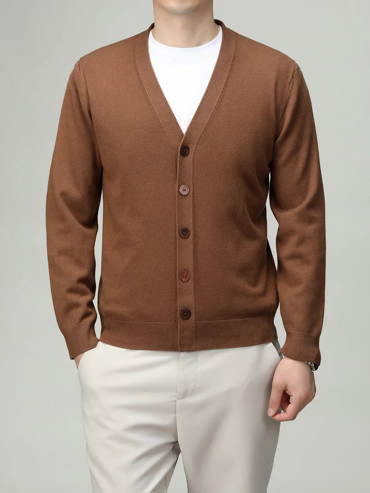 Men's V-neck cardigan with button placket, plain