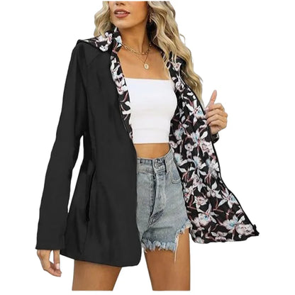 Reversible women's jacket with floral pattern, hood, and zipper, windbreaker