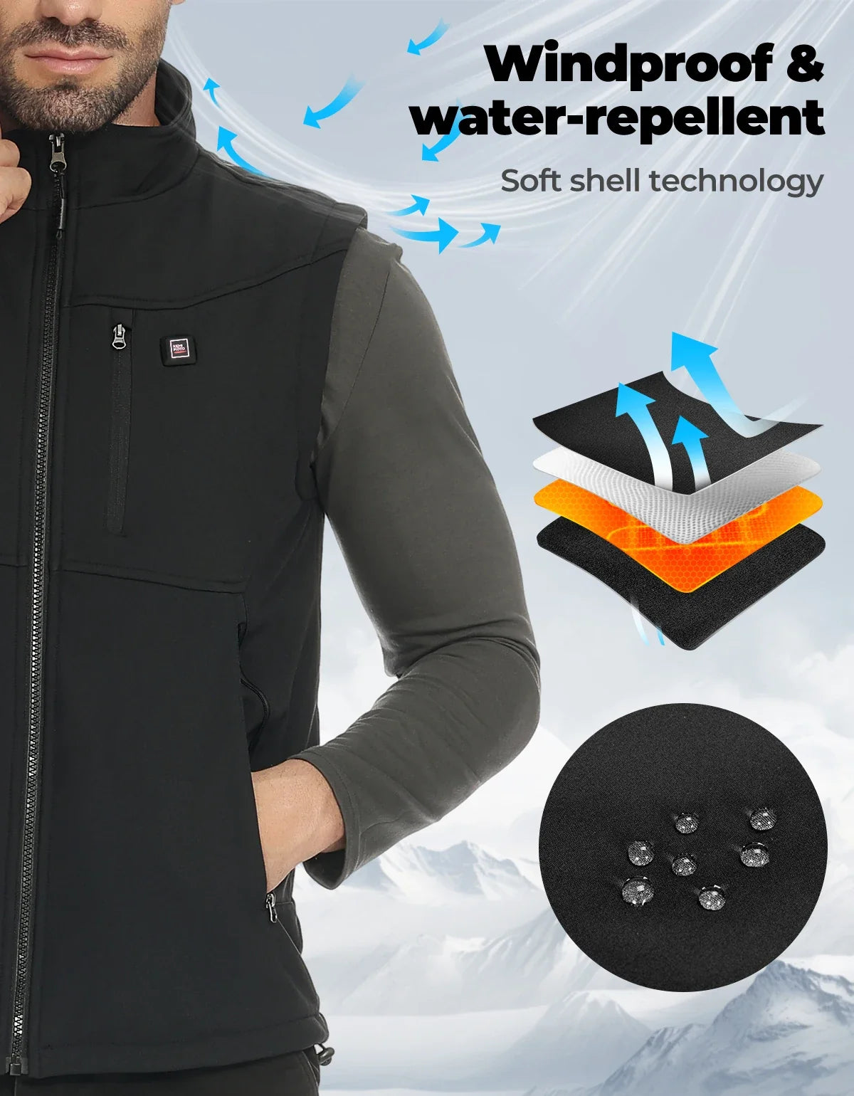 Black heated vest for women and men with stand-up collar