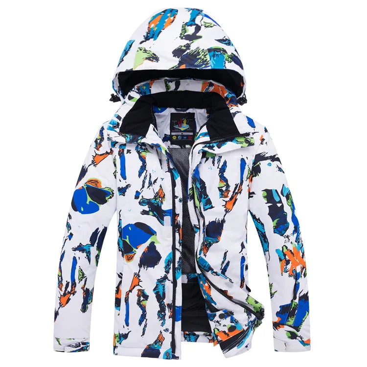 Bunte Outdoor-Jacke mit Kapuze und Muster, wasserabweisend