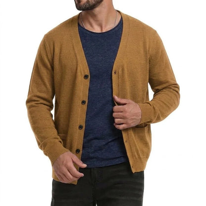 Men's V-neck cardigan with buttons and pockets, heathered look