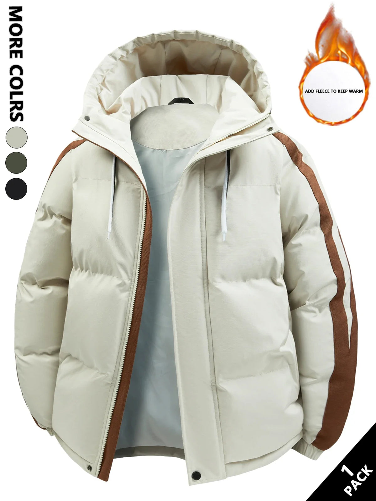 Padded men's winter jacket with hood and stripes - Warm puffer jacket