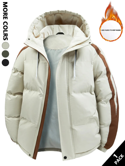 Padded men's winter jacket with hood and stripes - Warm puffer jacket