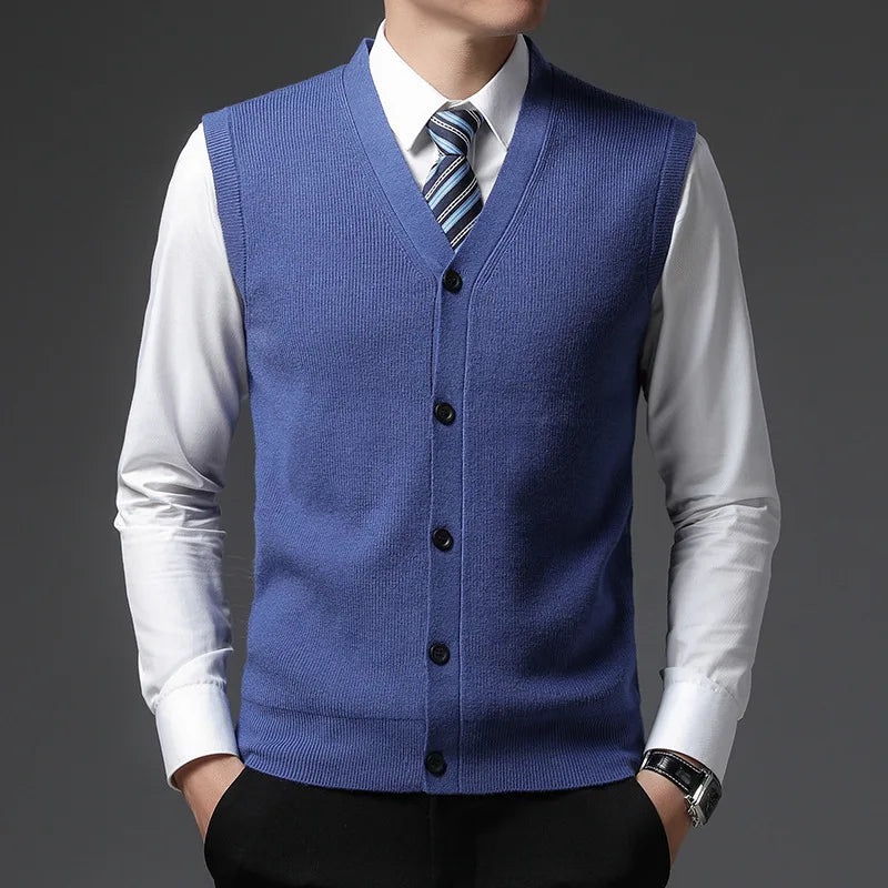 Men's knitted vest V-neck button placket rib knit