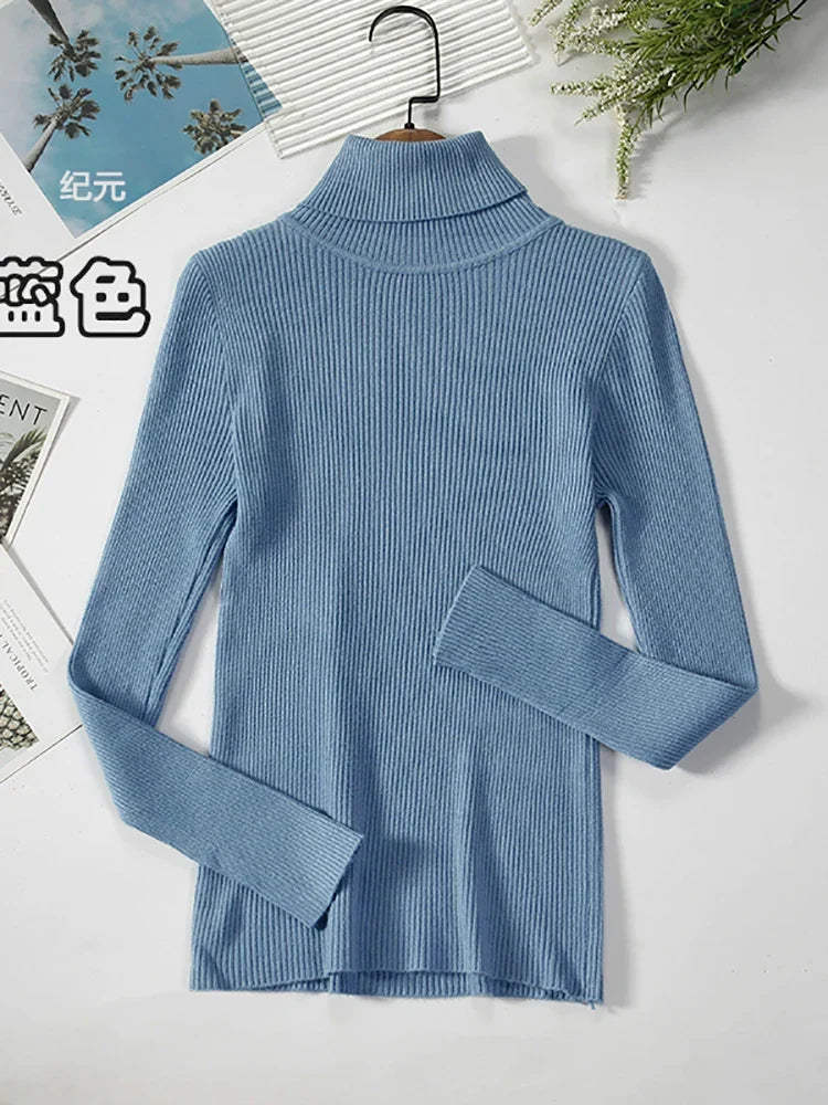 Ribbed women's basic long-sleeved turtleneck sweater