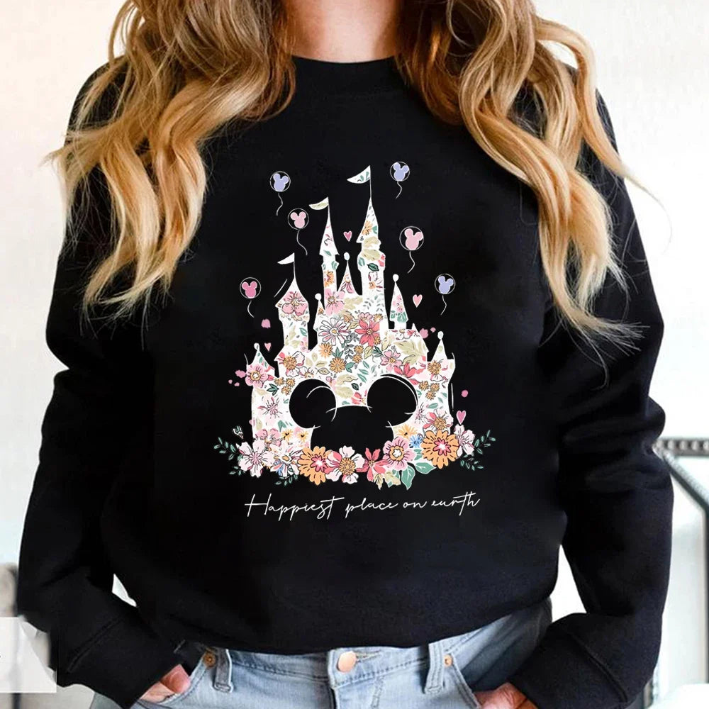 Damen Sweatshirt mit Blumen Schloss Druck & Mickey Motiv Rundhals