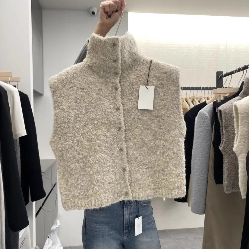 Women's bouclé-look knitted vest with turtleneck, sleeveless