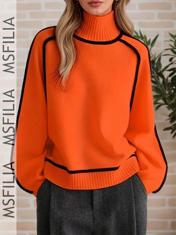 Damen Rollkragen Pullover Strickwaren mit Kontrastnähten Langarm