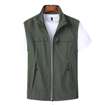 Men's vest with stand-up collar, zipper, and multiple pockets