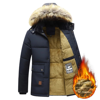 Men's winter parka with removable faux-fur trim on hood, lined jacket