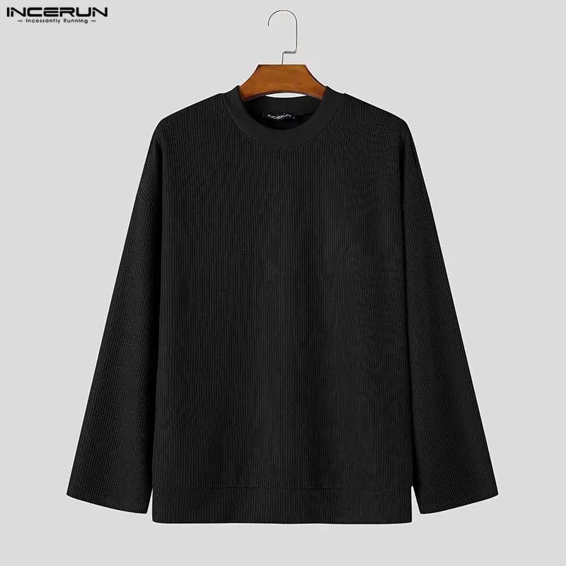 Ribbed men's long-sleeve crew-neck pullover top black