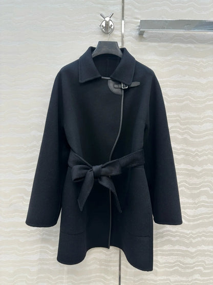 Short women's wrap coat with belt and buckle, black