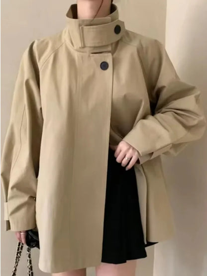 Damen Jacke Kurzer Trenchcoat Stehkragen Oversize khaki