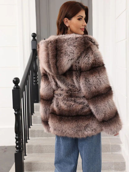 Women's striped faux-fur jacket with hood and tie belt