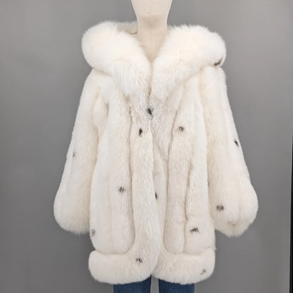 Women's luxurious white coat with hood and dark accents