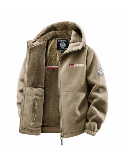 Men's fleece jacket with hood and zipper, lined, in various colors