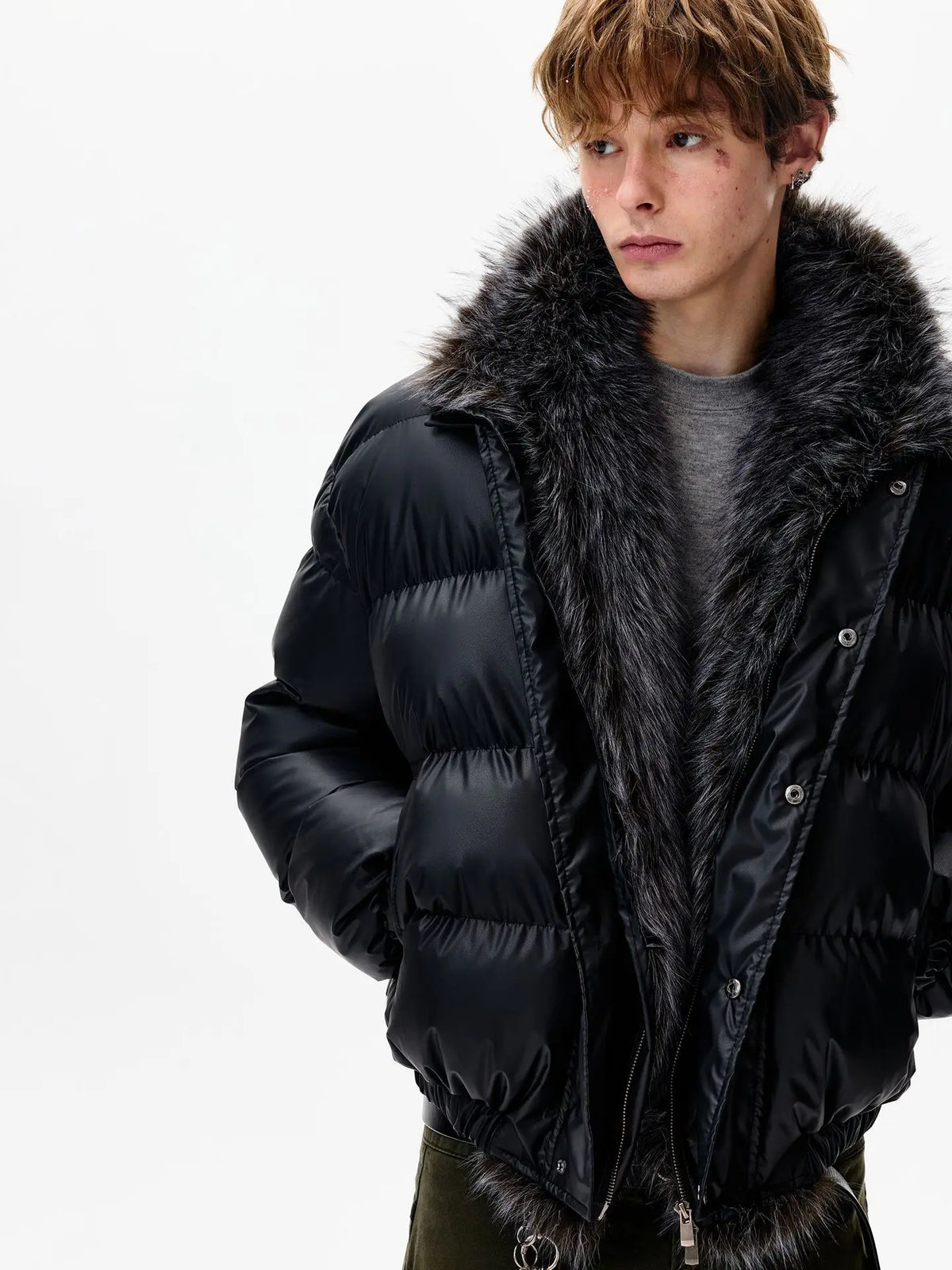 Men's black quilted jacket with faux fur collar, bomber jacket style