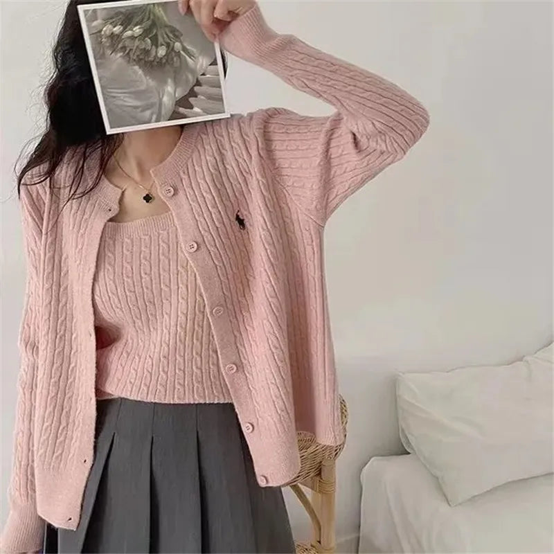 Women's knitted set with cable-knit cardigan & top