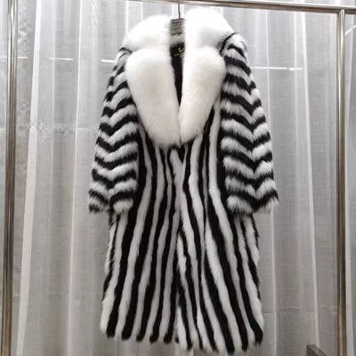 Long women's faux-fur coat with chevron pattern, warm winter coat