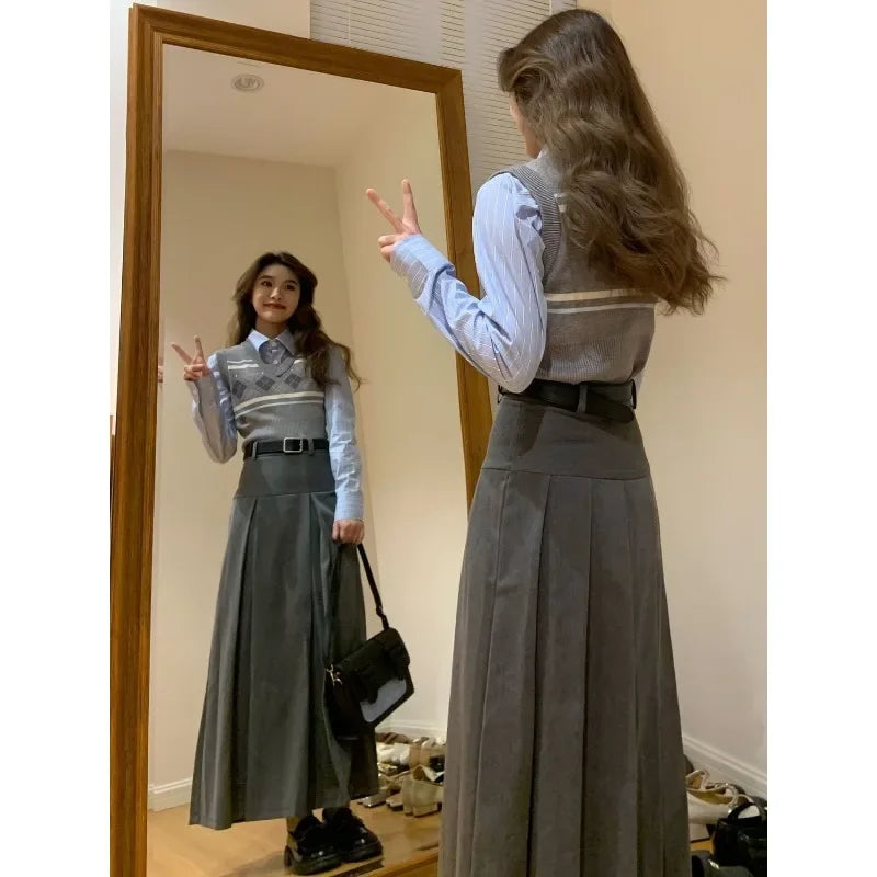 Women's gray midi pleated skirt with argyle knitted vest and shirt set