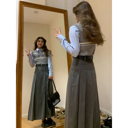 Women's gray midi pleated skirt with argyle knitted vest and shirt set