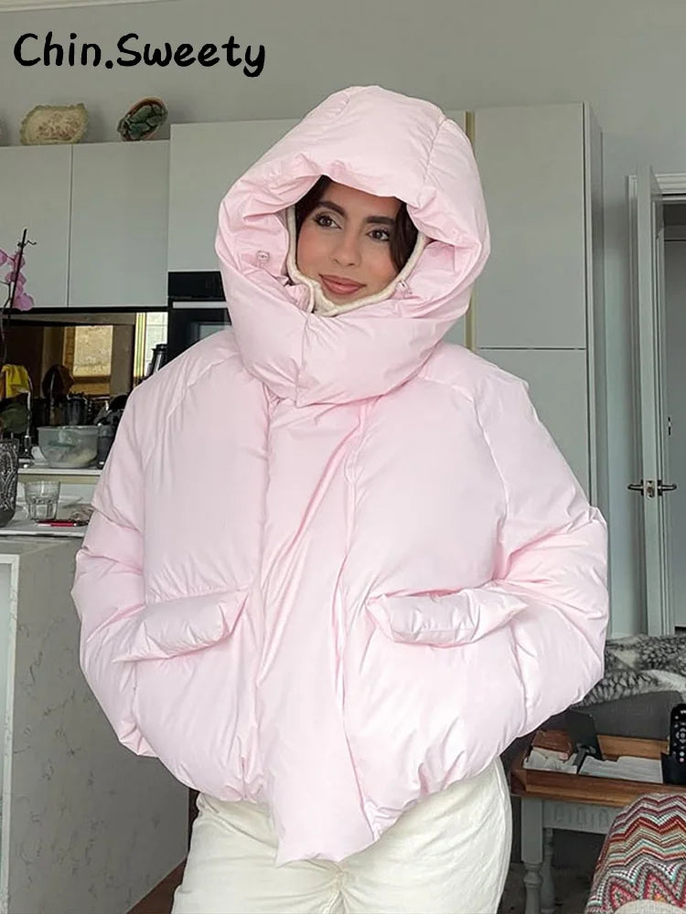 Damen Winter Steppjacke mit Kapuze – Kurze Puffer Jacke in Pink