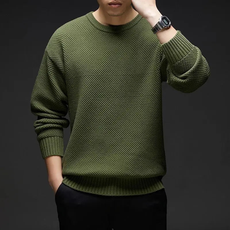 Herren Strickpullover Rundhals Grau Waffelstruktur