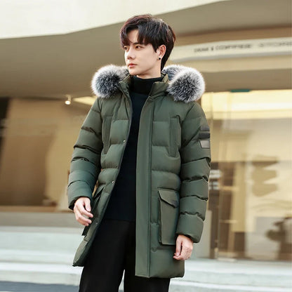 Men's winter jacket, quilted, with fur hood, parka, warm and lined
