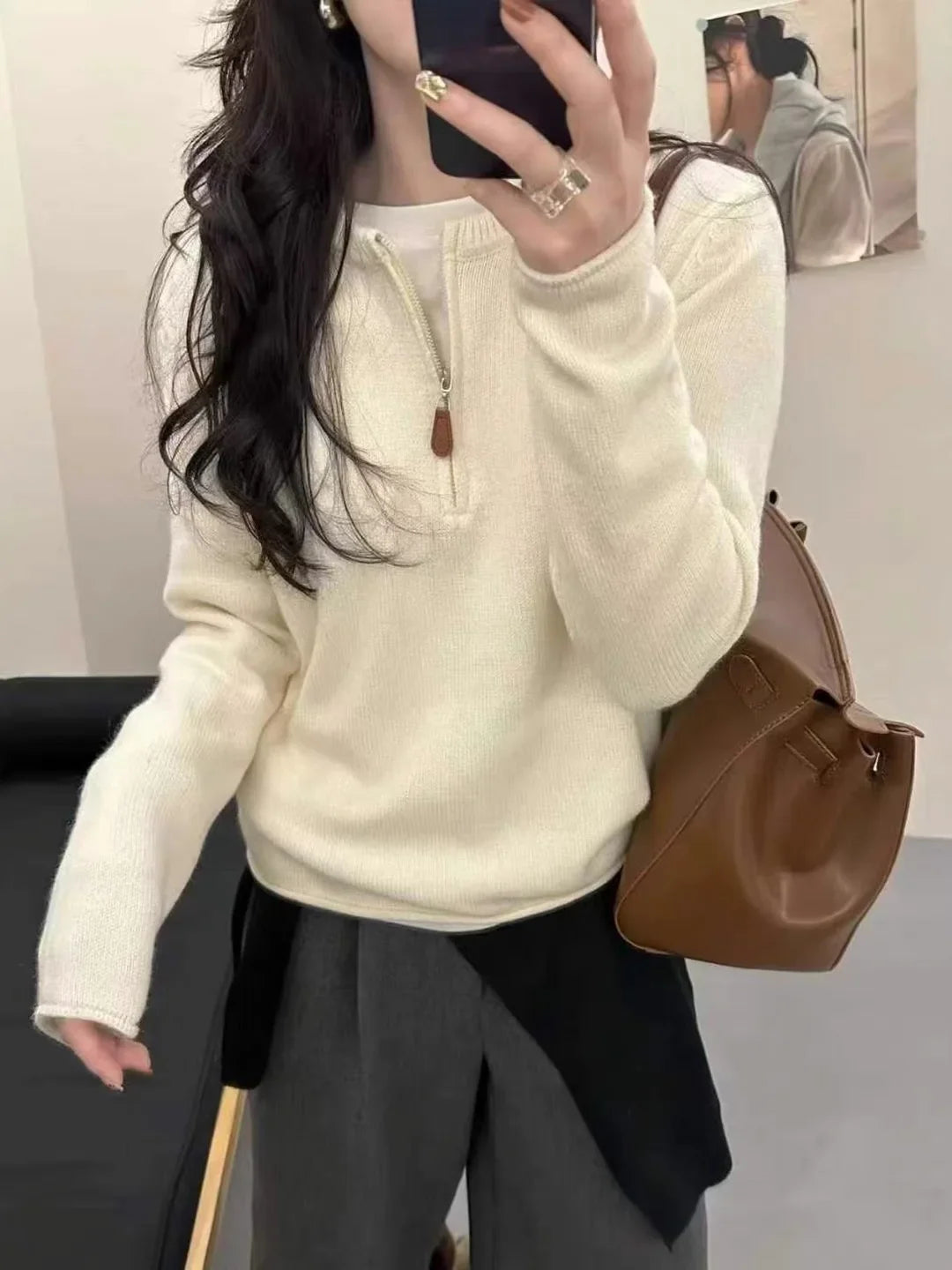 Women's Marled Sweater with Zipper Stand Collar