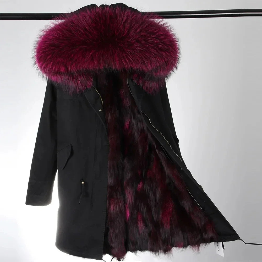 Women's winter parka with removable faux fur collar and lining