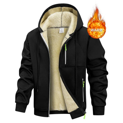 Lined men's hoodie, winter jacket with zip closure, hooded jacket, black