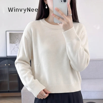Women's Light Blue Fine-Knit Crew-Neck Long-Sleeve Sweater