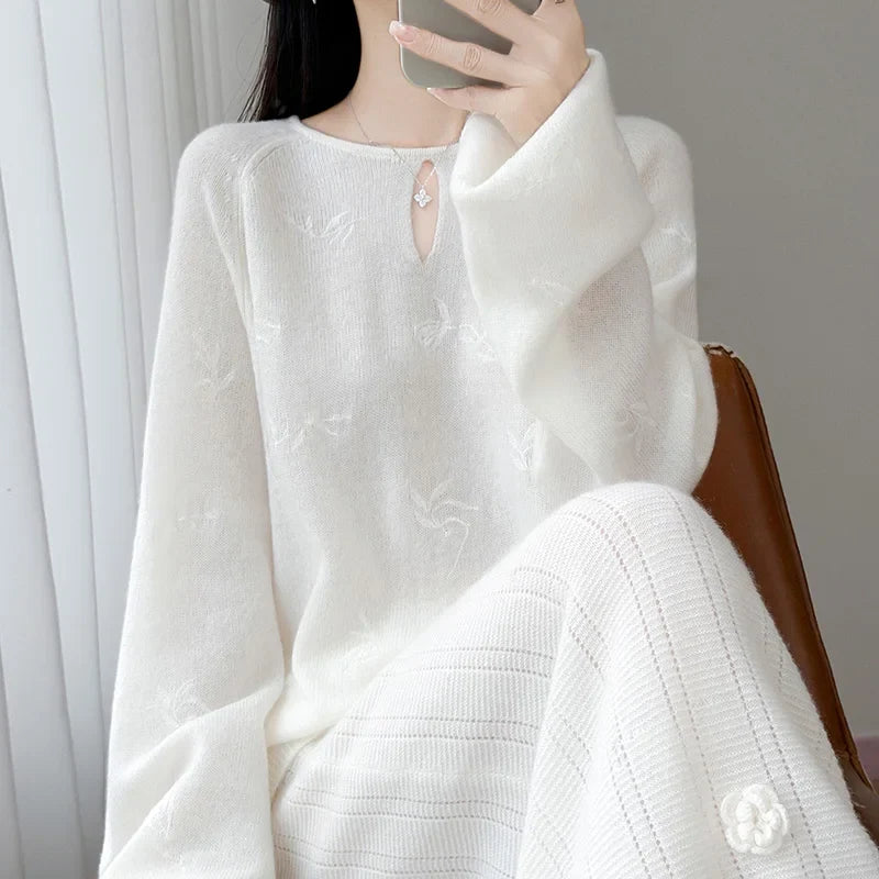 Damen Pullover Langarm Rundhals mit Cut-Out und Muster
