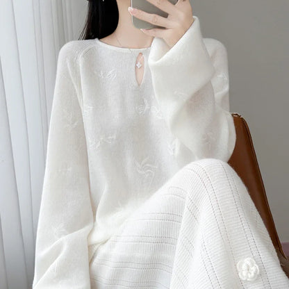 Damen Pullover Langarm Rundhals mit Cut-Out und Muster