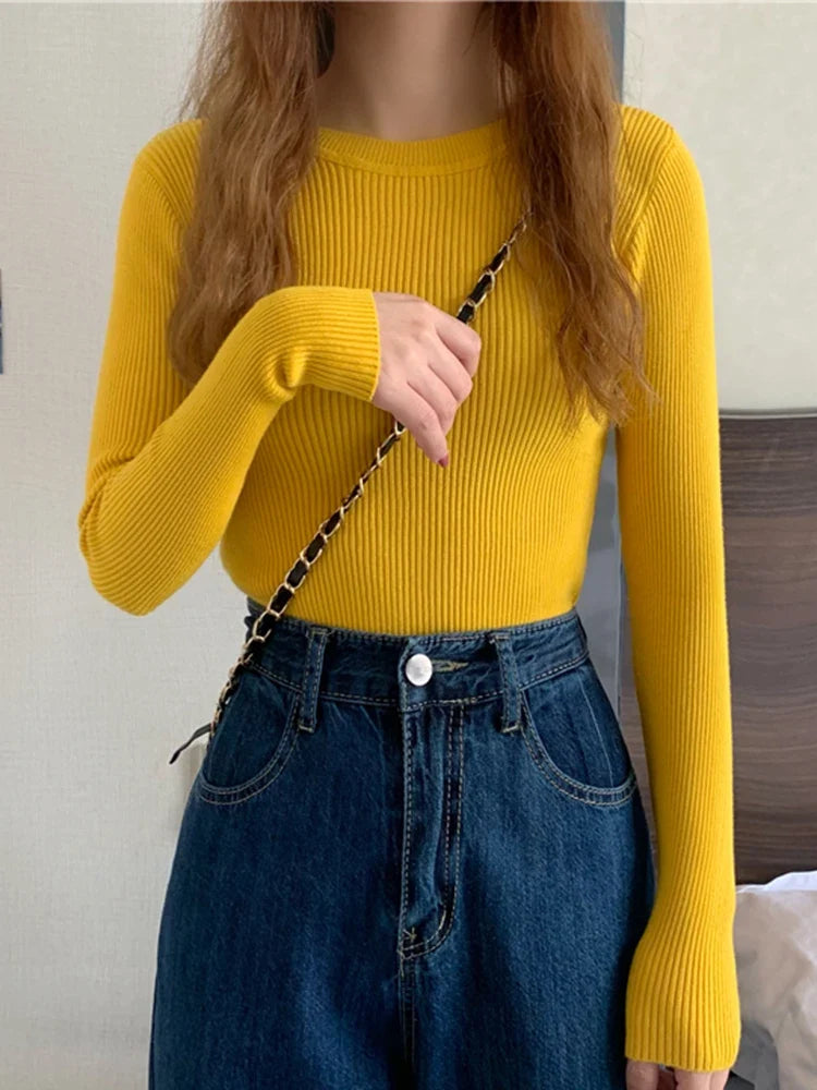 Women's ribbed long-sleeve sweater, crew neck, top