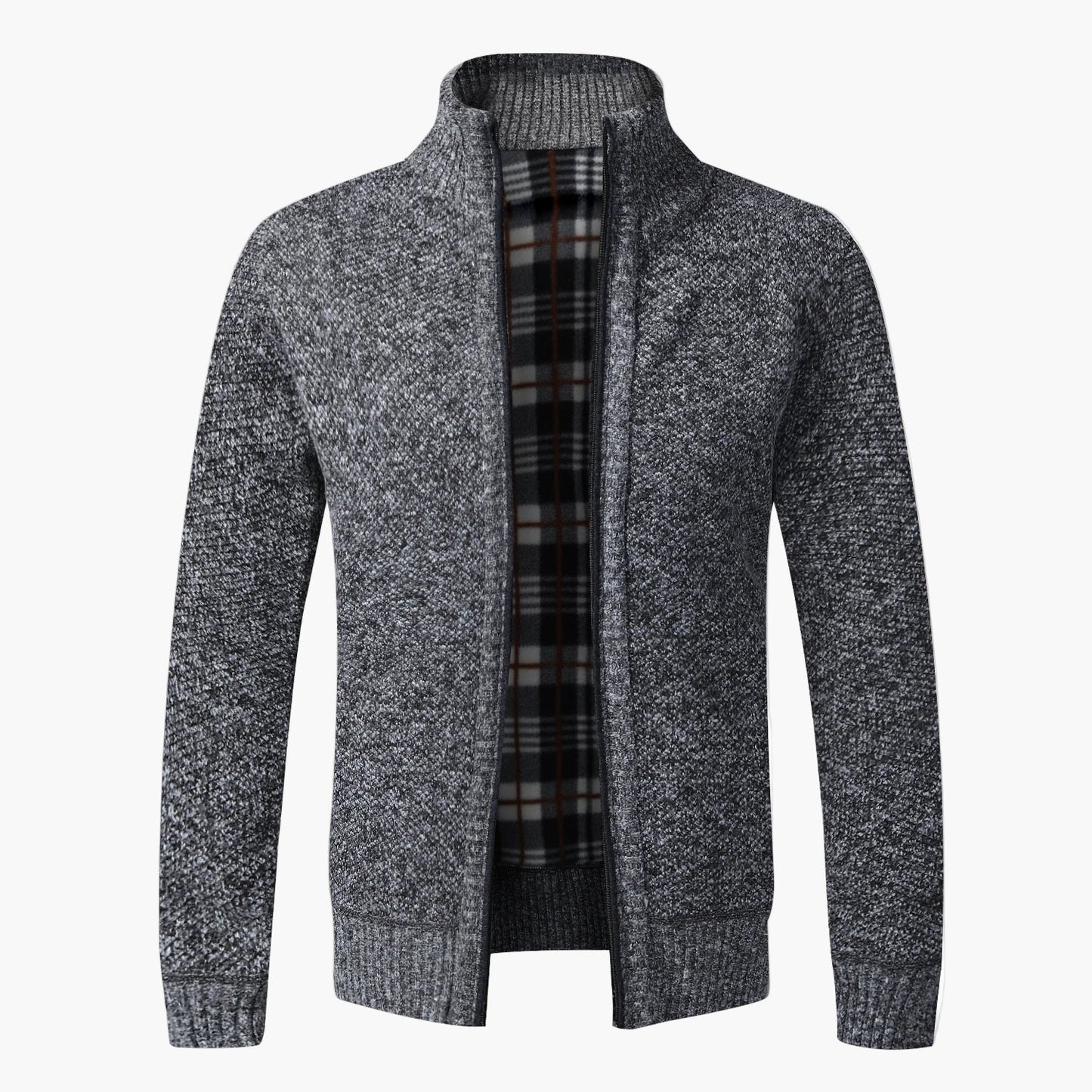 Herren Strick-Cardigan mit Stehkragen und kariertem Innenfutter – modische Freizeitjacke
