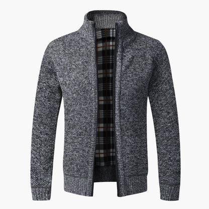Herren Strick-Cardigan mit Stehkragen und kariertem Innenfutter – modische Freizeitjacke