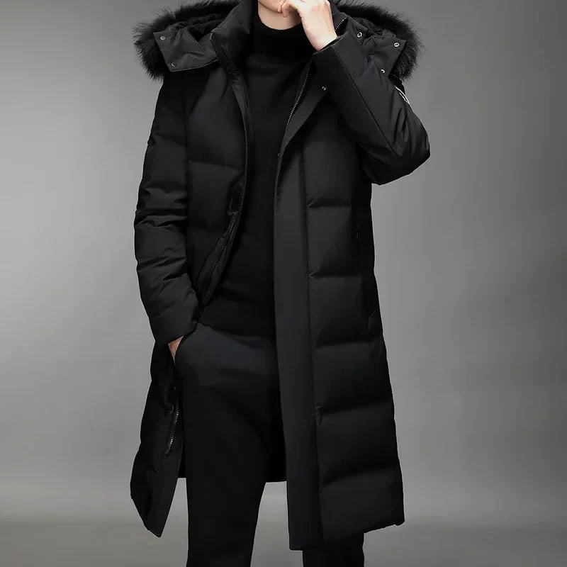 Men's long winter down coat, black and gray, with hood and fur trim, padded