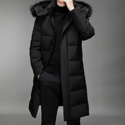 Men's long winter down coat, black and gray, with hood and fur trim, padded