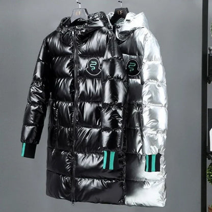 Shiny men's winter coat with hood – Black or silver-gray