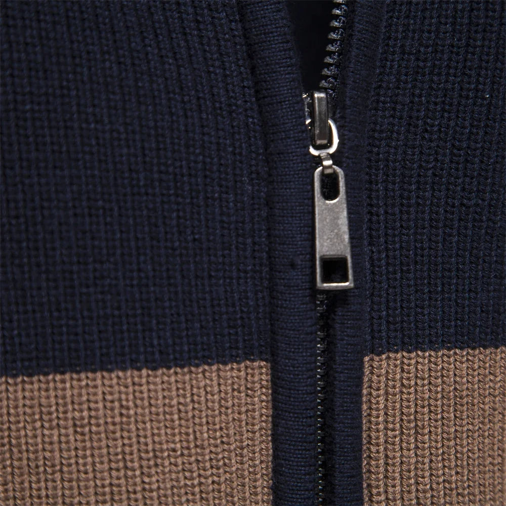 Men's zip-up cardigan with stand collar and color-block design