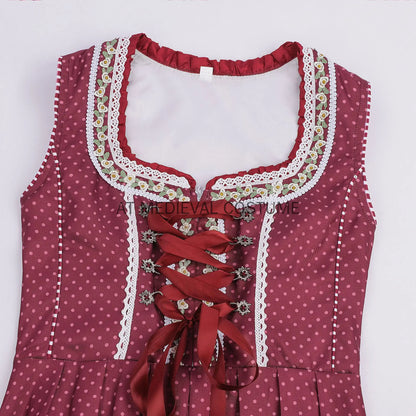 Damen Dirndl Midi Rot Gepunktet Kariert mit Bluse und Schürze