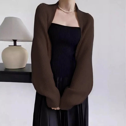 Women's knitted bolero shrug, ribbed knit, short-sleeve cropped top, off-shoulder