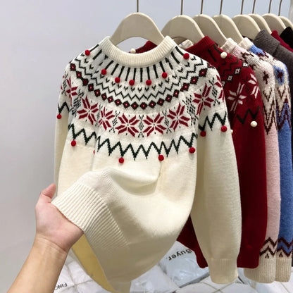 Women's Fair Isle sweater with turtleneck and decorative beads, white