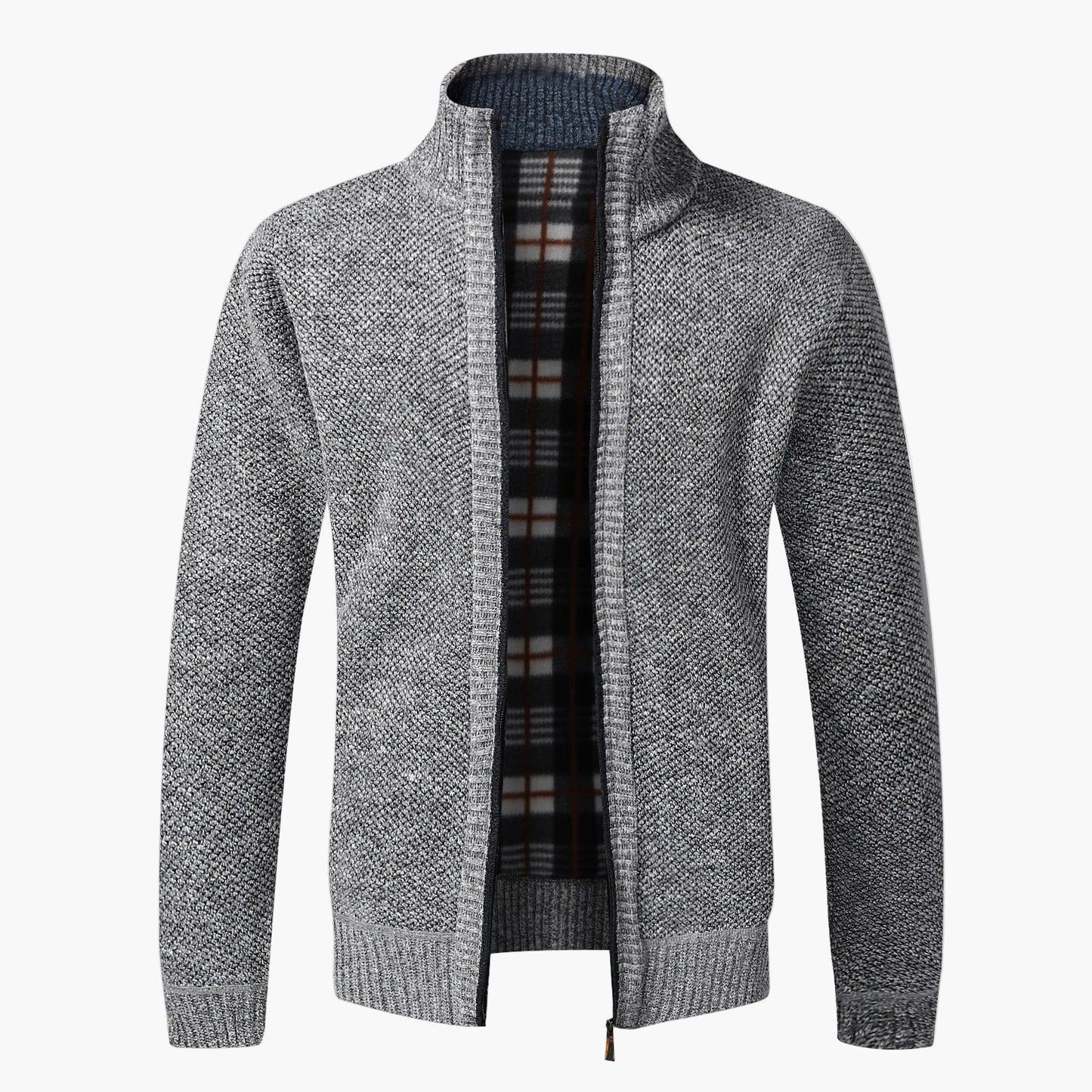 Herren Strick-Cardigan mit Stehkragen und kariertem Innenfutter – modische Freizeitjacke